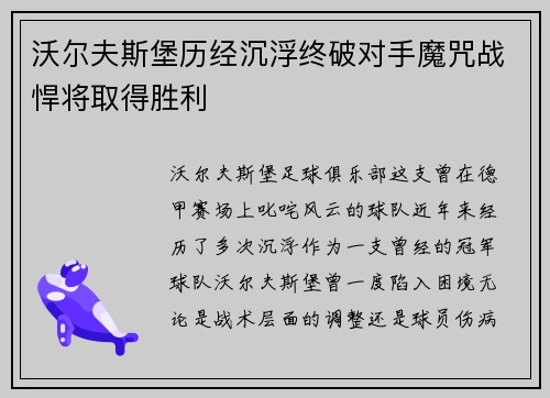 沃尔夫斯堡历经沉浮终破对手魔咒战悍将取得胜利